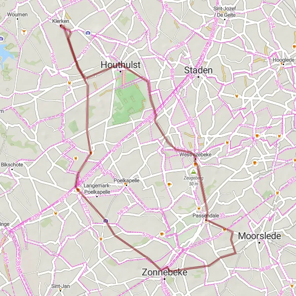 Karten-Miniaturansicht der Radinspiration "Gravelroute Klerken - Vijfwegen" in Prov. West-Vlaanderen, Belgium. Erstellt vom Tarmacs.app-Routenplaner für Radtouren