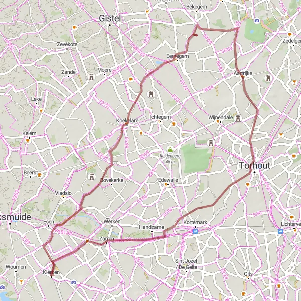 Map miniature of "The Countryside Gravel Route" cycling inspiration in Prov. West-Vlaanderen, Belgium. Generated by Tarmacs.app cycling route planner