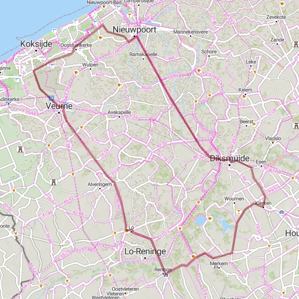 Map miniature of "Gravel Adventure and Coastal Scenery" cycling inspiration in Prov. West-Vlaanderen, Belgium. Generated by Tarmacs.app cycling route planner