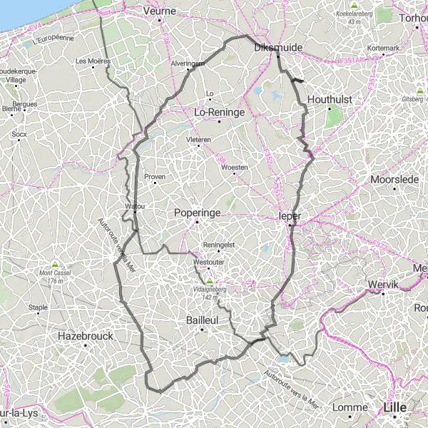 Karten-Miniaturansicht der Radinspiration "Herausfordernde Straßenrundtour durch Flandern" in Prov. West-Vlaanderen, Belgium. Erstellt vom Tarmacs.app-Routenplaner für Radtouren