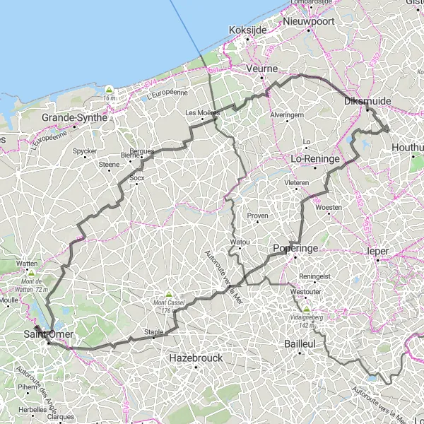 Map miniature of "Historical Castles and Countryside Roads" cycling inspiration in Prov. West-Vlaanderen, Belgium. Generated by Tarmacs.app cycling route planner