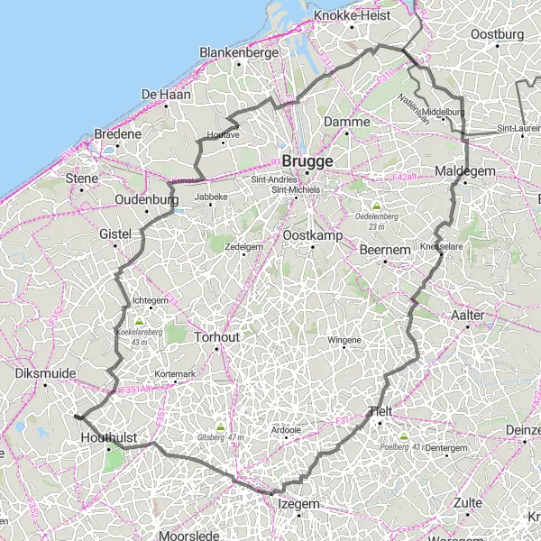 Map miniature of "The Coastal Circuit" cycling inspiration in Prov. West-Vlaanderen, Belgium. Generated by Tarmacs.app cycling route planner