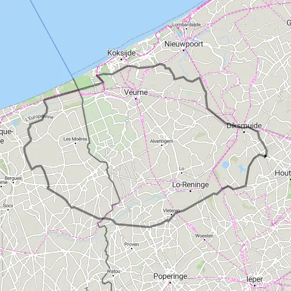 Map miniature of "Scenic Countryside Roads and Coastal Delights" cycling inspiration in Prov. West-Vlaanderen, Belgium. Generated by Tarmacs.app cycling route planner