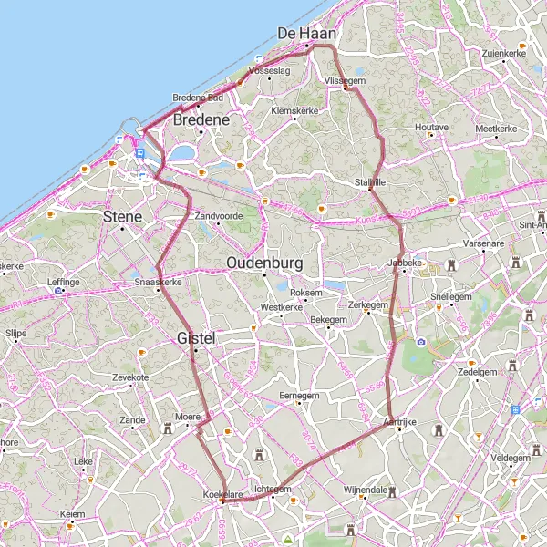 Karten-Miniaturansicht der Radinspiration "Gravel-Radtour entlang der Küste" in Prov. West-Vlaanderen, Belgium. Erstellt vom Tarmacs.app-Routenplaner für Radtouren