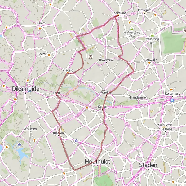 Map miniature of "Zarren and Vladslo Gravel Loop" cycling inspiration in Prov. West-Vlaanderen, Belgium. Generated by Tarmacs.app cycling route planner