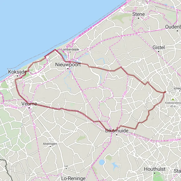 Map miniature of "Coastal Gravel Adventure" cycling inspiration in Prov. West-Vlaanderen, Belgium. Generated by Tarmacs.app cycling route planner