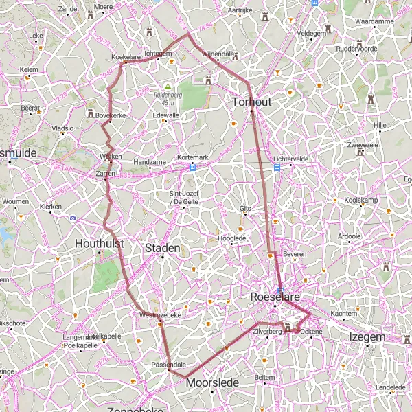 Map miniature of "Koekelare and Torhout Gravel Loop" cycling inspiration in Prov. West-Vlaanderen, Belgium. Generated by Tarmacs.app cycling route planner