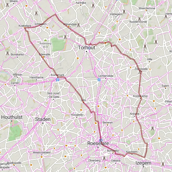 Miniatuurkaart van de fietsinspiratie "Avontuurlijke gravelroute langs Gitsberg en Koekelareberg" in Prov. West-Vlaanderen, Belgium. Gemaakt door de Tarmacs.app fietsrouteplanner