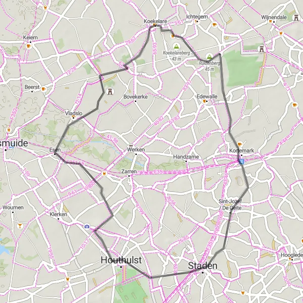 Miniatuurkaart van de fietsinspiratie "Koekelare - Ruidenberg Route" in Prov. West-Vlaanderen, Belgium. Gemaakt door de Tarmacs.app fietsrouteplanner