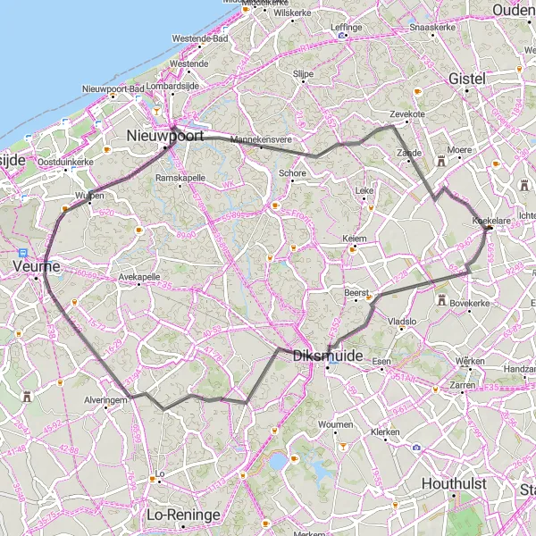 Miniatuurkaart van de fietsinspiratie "Fietsroute rond Kaaskerke en Veurne" in Prov. West-Vlaanderen, Belgium. Gemaakt door de Tarmacs.app fietsrouteplanner