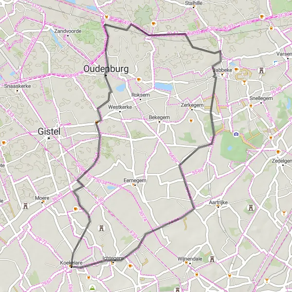 Miniature de la carte de l'inspiration cycliste "Les châteaux de Flandre occidentale" dans la Prov. West-Vlaanderen, Belgium. Générée par le planificateur d'itinéraire cycliste Tarmacs.app