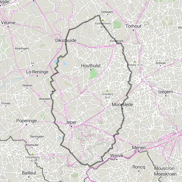 Karten-Miniaturansicht der Radinspiration "Koekelareberg - Kortemark - Hooglede - Comines - Elverdinge - Diksmuide - De Mokker Rundtour" in Prov. West-Vlaanderen, Belgium. Erstellt vom Tarmacs.app-Routenplaner für Radtouren