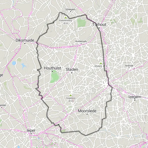 Miniature de la carte de l'inspiration cycliste "Châteaux et monuments historiques" dans la Prov. West-Vlaanderen, Belgium. Générée par le planificateur d'itinéraire cycliste Tarmacs.app