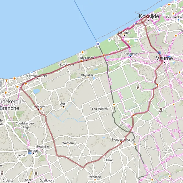 Miniatuurkaart van de fietsinspiratie "Gravelroute langs historische bezienswaardigheden" in Prov. West-Vlaanderen, Belgium. Gemaakt door de Tarmacs.app fietsrouteplanner