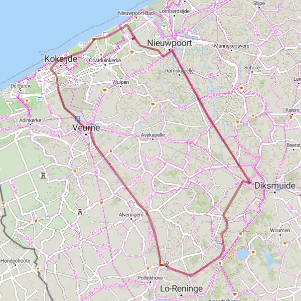 Karten-Miniaturansicht der Radinspiration "Gravel-Abenteuer von Oostduinkerke nach Sint-Niklaastoren" in Prov. West-Vlaanderen, Belgium. Erstellt vom Tarmacs.app-Routenplaner für Radtouren