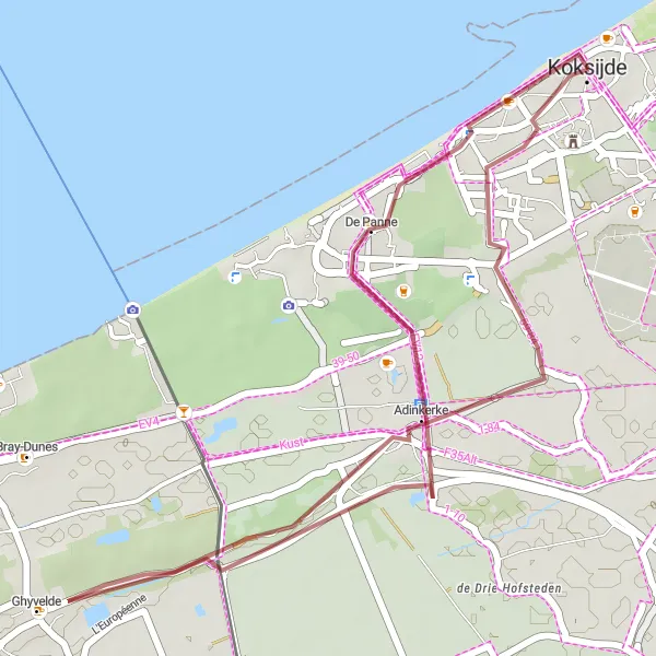 Miniature de la carte de l'inspiration cycliste "Les dunes et la côte" dans la Prov. West-Vlaanderen, Belgium. Générée par le planificateur d'itinéraire cycliste Tarmacs.app