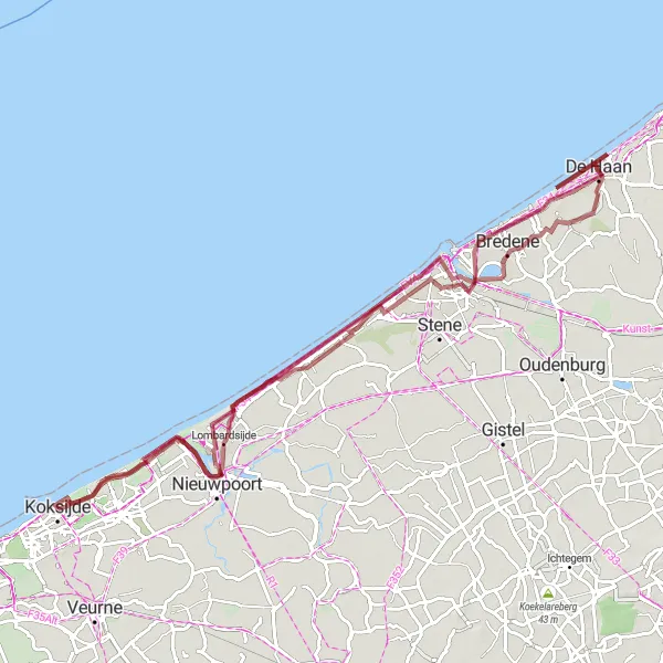 Miniature de la carte de l'inspiration cycliste "Les joyaux de la côte belge" dans la Prov. West-Vlaanderen, Belgium. Générée par le planificateur d'itinéraire cycliste Tarmacs.app