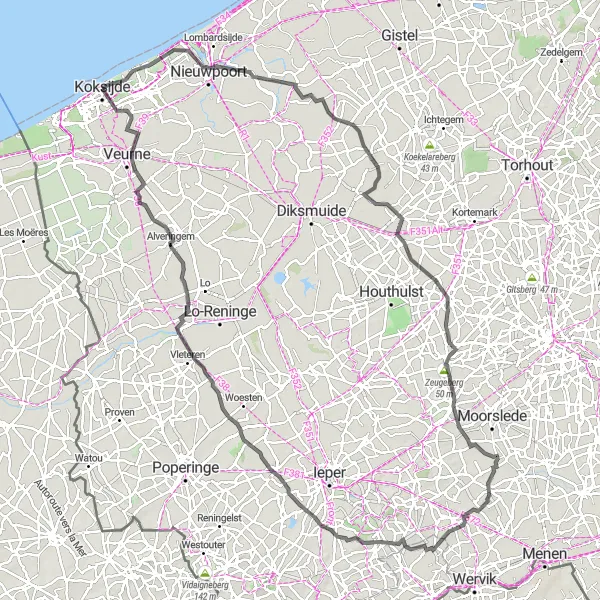 Miniatuurkaart van de fietsinspiratie "Wegrit door historische Vlaamse dorpen" in Prov. West-Vlaanderen, Belgium. Gemaakt door de Tarmacs.app fietsrouteplanner