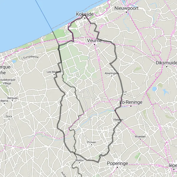 Map miniature of "Hills and Villages" cycling inspiration in Prov. West-Vlaanderen, Belgium. Generated by Tarmacs.app cycling route planner