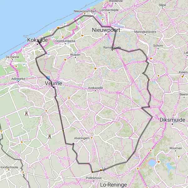 Map miniature of "Windy Coastal Adventure" cycling inspiration in Prov. West-Vlaanderen, Belgium. Generated by Tarmacs.app cycling route planner