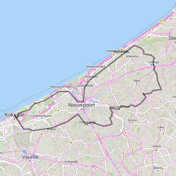 Miniatuurkaart van de fietsinspiratie "Tocht langs Lombardsijde, Leffinge, Mannekensvere en Koksijde-Dorp" in Prov. West-Vlaanderen, Belgium. Gemaakt door de Tarmacs.app fietsrouteplanner