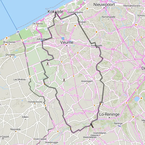 Karten-Miniaturansicht der Radinspiration "Koksijde nach Zoutenaaie und Stavele" in Prov. West-Vlaanderen, Belgium. Erstellt vom Tarmacs.app-Routenplaner für Radtouren