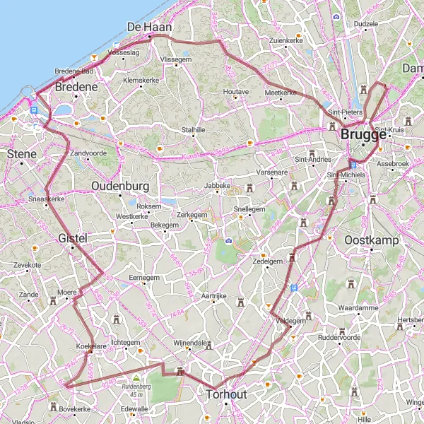 Map miniature of "Gravel Adventures: Villages and Castles" cycling inspiration in Prov. West-Vlaanderen, Belgium. Generated by Tarmacs.app cycling route planner