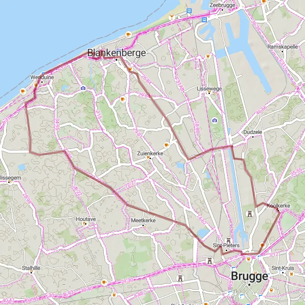 Map miniature of "Koolkerke to Uitkerke Gravel Cycling Adventure" cycling inspiration in Prov. West-Vlaanderen, Belgium. Generated by Tarmacs.app cycling route planner