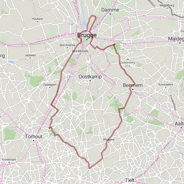 Map miniature of "Challenging Gravel Loop from Koolkerke to Zwevezele" cycling inspiration in Prov. West-Vlaanderen, Belgium. Generated by Tarmacs.app cycling route planner