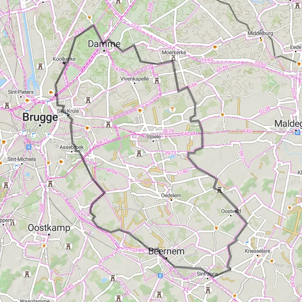 Map miniature of "Exploring Damme: Koolkerke to Sint-Joris Road Cycling Route" cycling inspiration in Prov. West-Vlaanderen, Belgium. Generated by Tarmacs.app cycling route planner