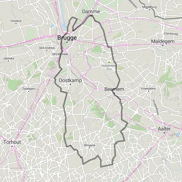 Map miniature of "Koolkerke to Oedelem Road Cycling Route" cycling inspiration in Prov. West-Vlaanderen, Belgium. Generated by Tarmacs.app cycling route planner