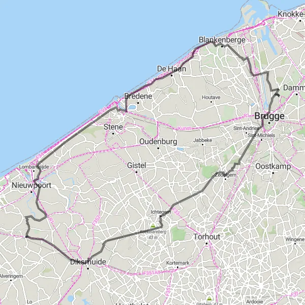 Miniatuurkaart van de fietsinspiratie "Koolkerke - Ostend" in Prov. West-Vlaanderen, Belgium. Gemaakt door de Tarmacs.app fietsrouteplanner