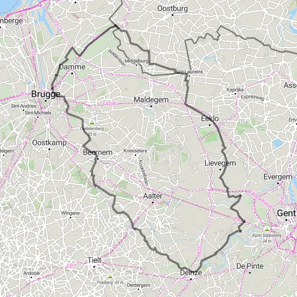 Map miniature of "The Land of Castles and Creeks" cycling inspiration in Prov. West-Vlaanderen, Belgium. Generated by Tarmacs.app cycling route planner
