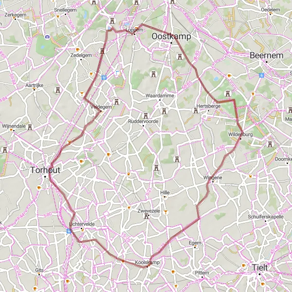 Miniature de la carte de l'inspiration cycliste "Promenade à travers les Campagnes Flamandes" dans la Prov. West-Vlaanderen, Belgium. Générée par le planificateur d'itinéraire cycliste Tarmacs.app