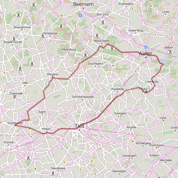 Map miniature of "Off the Beaten Path: Koolskamp Trail" cycling inspiration in Prov. West-Vlaanderen, Belgium. Generated by Tarmacs.app cycling route planner