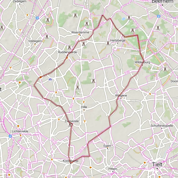 Map miniature of "Gravel Adventure: Koolskamp Explorations" cycling inspiration in Prov. West-Vlaanderen, Belgium. Generated by Tarmacs.app cycling route planner