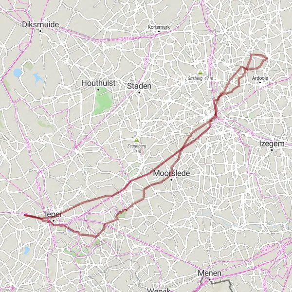 Map miniature of "Roeselare Adventure" cycling inspiration in Prov. West-Vlaanderen, Belgium. Generated by Tarmacs.app cycling route planner