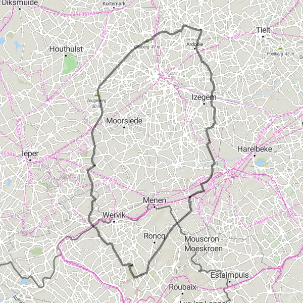 Miniatuurkaart van de fietsinspiratie "Rondje Historische Steden" in Prov. West-Vlaanderen, Belgium. Gemaakt door de Tarmacs.app fietsrouteplanner