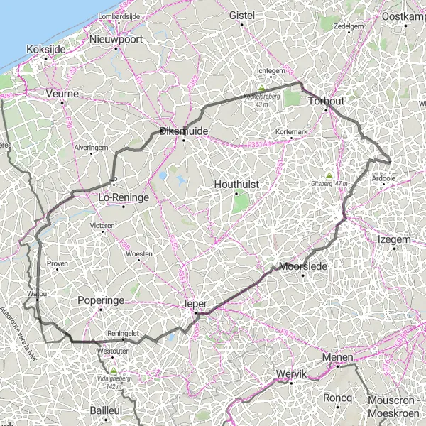 Map miniature of "Koolskamp Grande Boucle" cycling inspiration in Prov. West-Vlaanderen, Belgium. Generated by Tarmacs.app cycling route planner