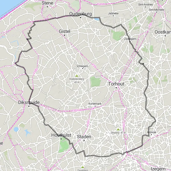 Map miniature of "Koolskamp to Houthulst" cycling inspiration in Prov. West-Vlaanderen, Belgium. Generated by Tarmacs.app cycling route planner