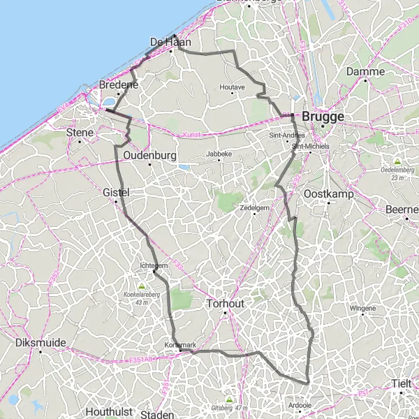 Map miniature of "Coastal Serenity: Koolskamp to De Haan" cycling inspiration in Prov. West-Vlaanderen, Belgium. Generated by Tarmacs.app cycling route planner