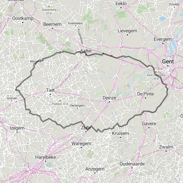 Miniatuurkaart van de fietsinspiratie "Uitdagende route naar Kasteel van Zwijnaarde" in Prov. West-Vlaanderen, Belgium. Gemaakt door de Tarmacs.app fietsrouteplanner