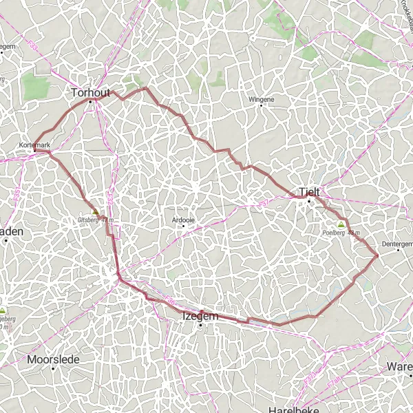 Miniatuurkaart van de fietsinspiratie "Rondrit Kortemark - Gitsberg - Izegem" in Prov. West-Vlaanderen, Belgium. Gemaakt door de Tarmacs.app fietsrouteplanner