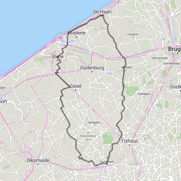 Map miniature of "The Coastal Explorer" cycling inspiration in Prov. West-Vlaanderen, Belgium. Generated by Tarmacs.app cycling route planner