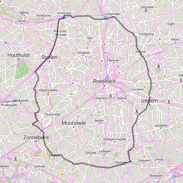 Karten-Miniaturansicht der Radinspiration "Rundfahrt von Kortemark nach Staden" in Prov. West-Vlaanderen, Belgium. Erstellt vom Tarmacs.app-Routenplaner für Radtouren