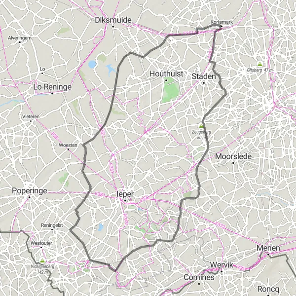 Karten-Miniaturansicht der Radinspiration "Rundfahrt von Kortemark nach Zarren" in Prov. West-Vlaanderen, Belgium. Erstellt vom Tarmacs.app-Routenplaner für Radtouren