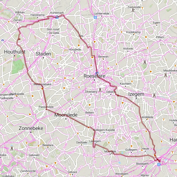 Karten-Miniaturansicht der Radinspiration "Gravel-Tour durch die ländliche Umgebung von Kortrijk" in Prov. West-Vlaanderen, Belgium. Erstellt vom Tarmacs.app-Routenplaner für Radtouren