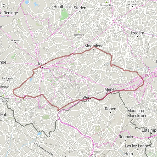 Map miniature of "Gravel Adventure" cycling inspiration in Prov. West-Vlaanderen, Belgium. Generated by Tarmacs.app cycling route planner