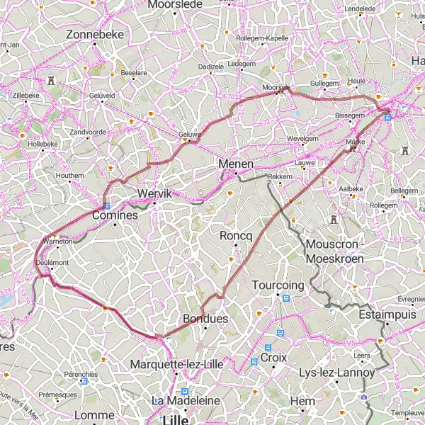 Karten-Miniaturansicht der Radinspiration "Gravel-Radtour um Kortrijk" in Prov. West-Vlaanderen, Belgium. Erstellt vom Tarmacs.app-Routenplaner für Radtouren