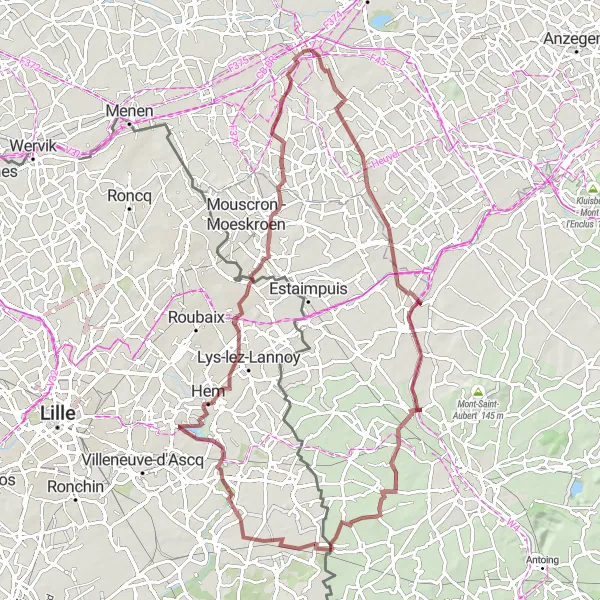 Karten-Miniaturansicht der Radinspiration "Gravelabenteuer rund um Kortrijk" in Prov. West-Vlaanderen, Belgium. Erstellt vom Tarmacs.app-Routenplaner für Radtouren